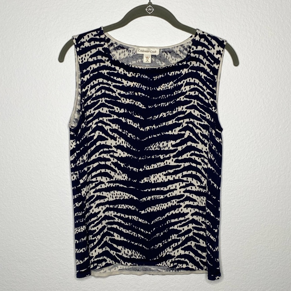 COLDWATER CREEK silk blend knit tank top navy cream abstract print SIZE M